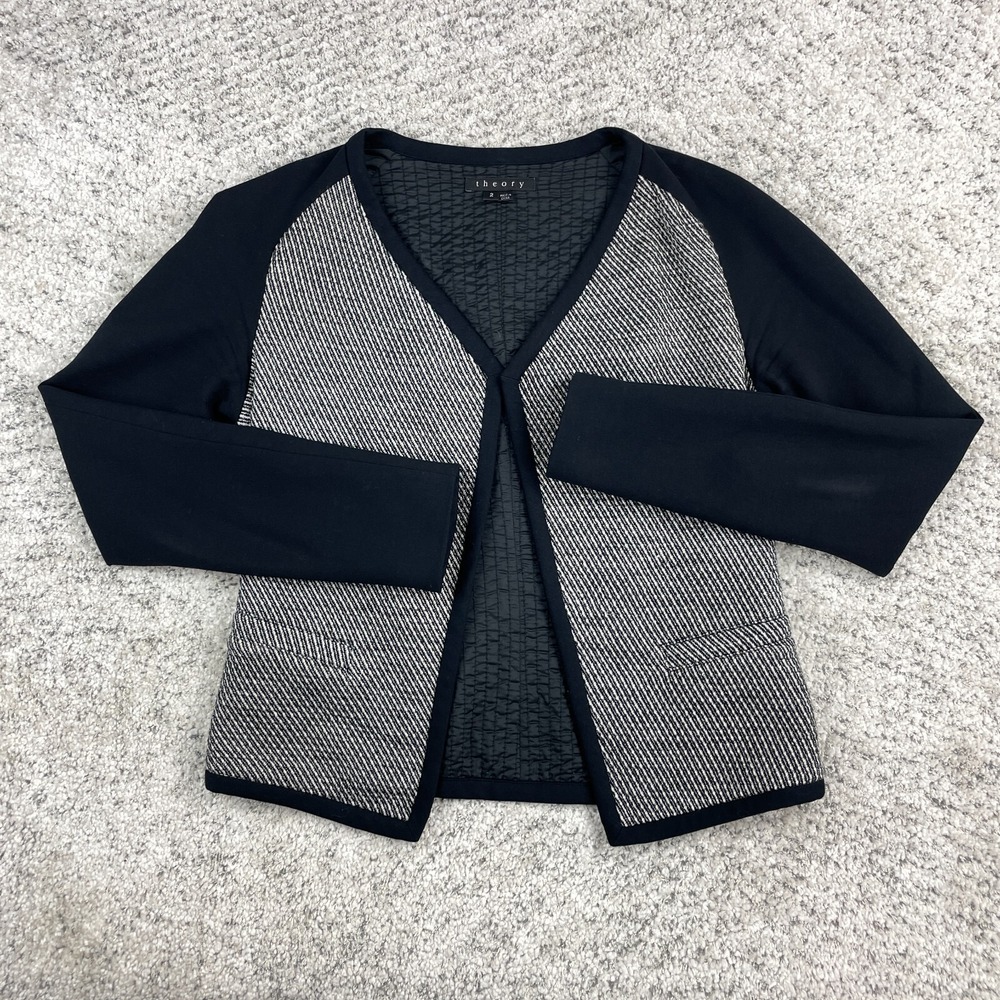 Theory Cardigan Women 2 Open Sweater Wool Blend Black White Lined Pockets Jacket